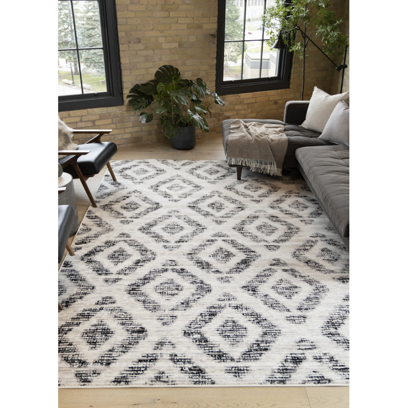 Tapis géométrique noir / beige Meridian, Rectangle 7 pi 10 po x 10 pi 6 po