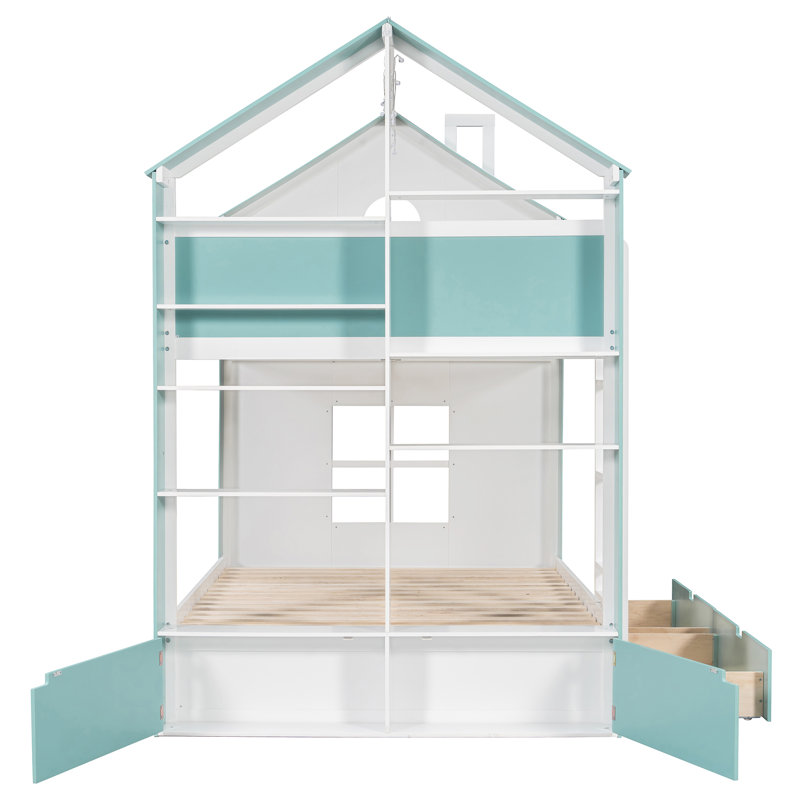 Lit superposé double avec tiroirs et tablettes de rangement, lit superposé en bois avec bande lumineuse, blanc et bleu