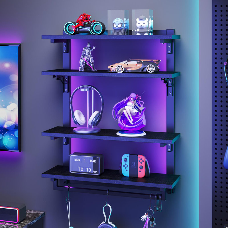 Foldable Gaming Floating Shelves With Adjustable Shelf, 24 Inch Wall Mounted Shelves With Dynamic Led