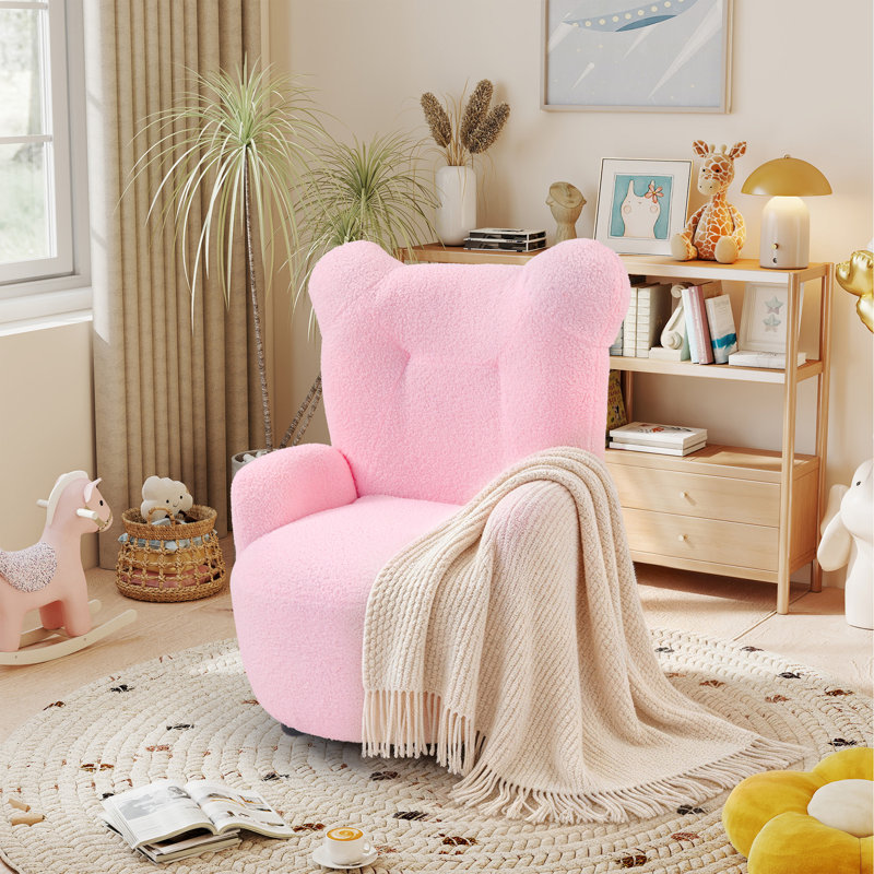 Fauteuil d'appoint moderne pour enfants, 62 cm de large, à oreilles d'ours, recouvert de tissu de polyester., Pink
