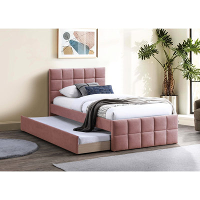 Lit rose capitonné contemporain avec lit gigogne et tête de lit à motif quadrillé pour chambre à coucher : idées d'aménagement intérieur (taille standard)