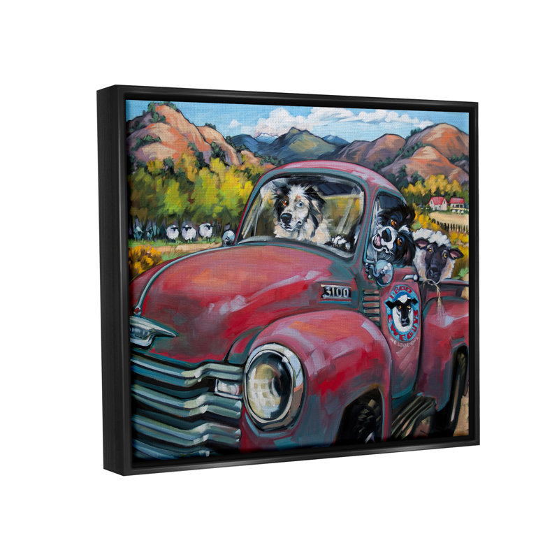 Ax-747-Giclee " Dogs In Vintage Truck " by CR Townsend, 25" H x 31" W x 1.7" D, Metallic Gold Floater Frame
