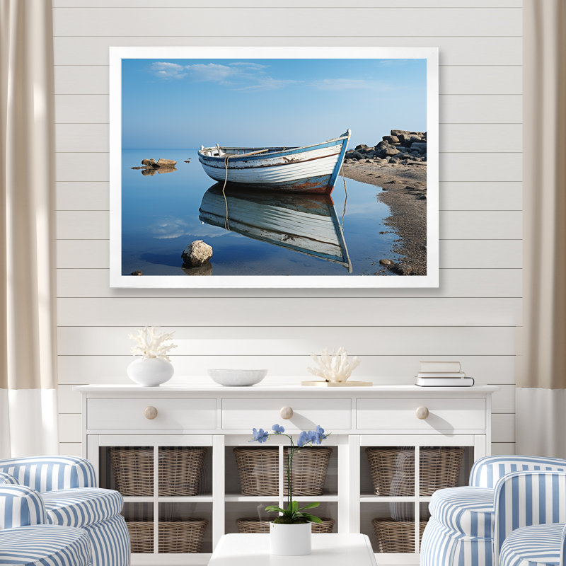 «Boat Scenery At The Lake I», reproduction sur toile, H 24 po x l 32 po x P 1 po, Cadre simple blanc