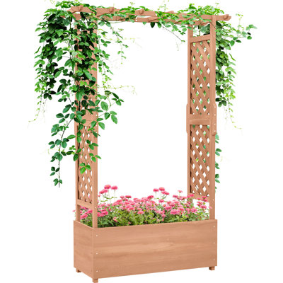 Raised Garden Bed With Hanging Feature, 70.61" Tall Outdoor Wood Planter Box Drainage & Fabric Filter, Brown Trellis For Flowering Vines,