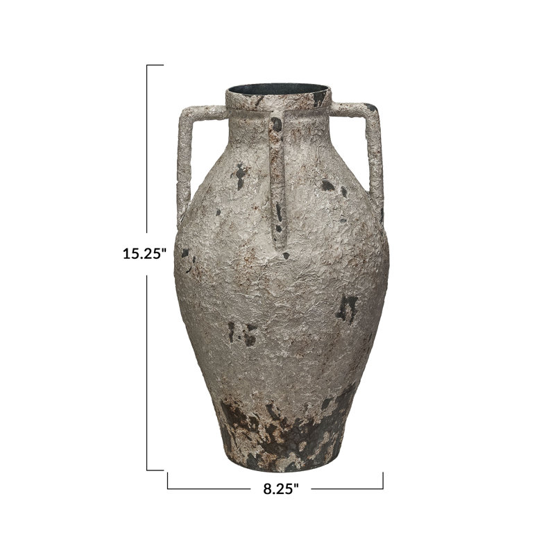 Decorative Metal Urn With Handles And Heavily Distressed Finish