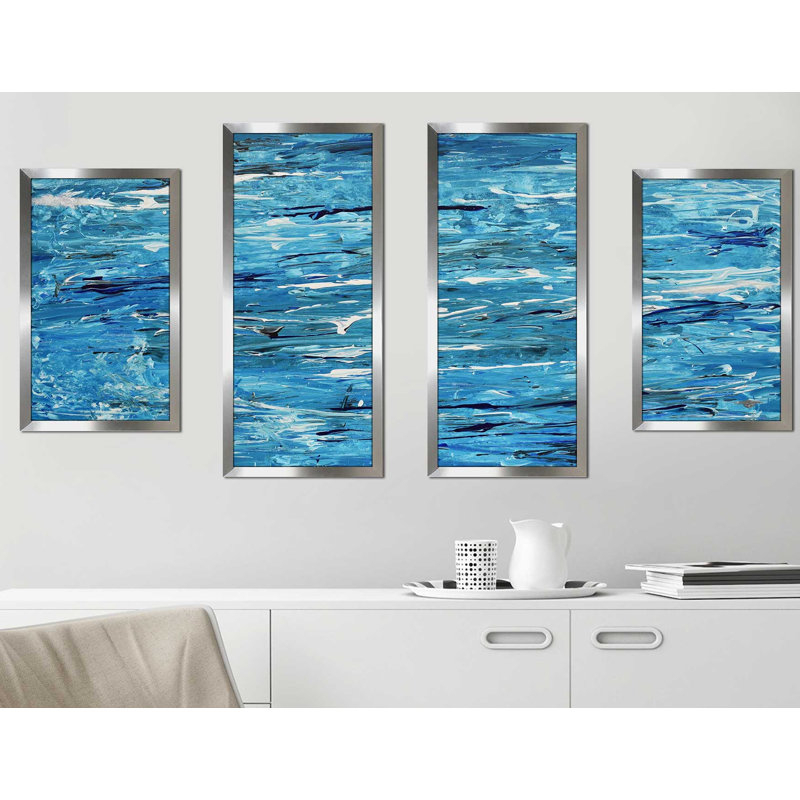 Blue Maze - reproduction de 4 pièces, H 31,5 po x l 62 po x P 1 po, Encadrement argenté