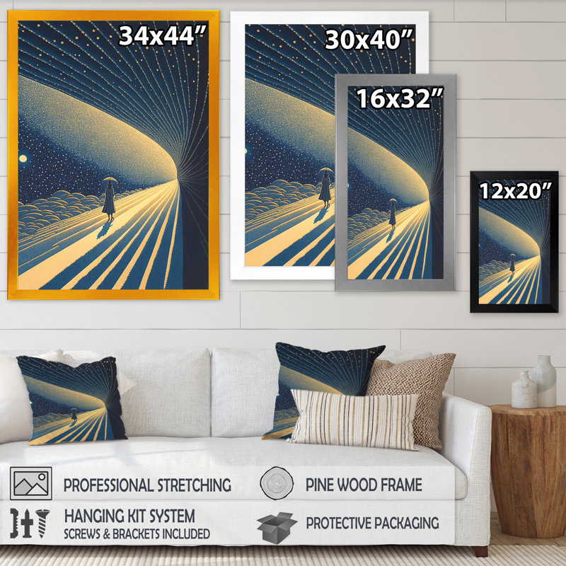 Marchant vers la pleine lune - reproduction d'art sur toile, H 20 po x l 12 po x P 1 po, Cadre photo noir