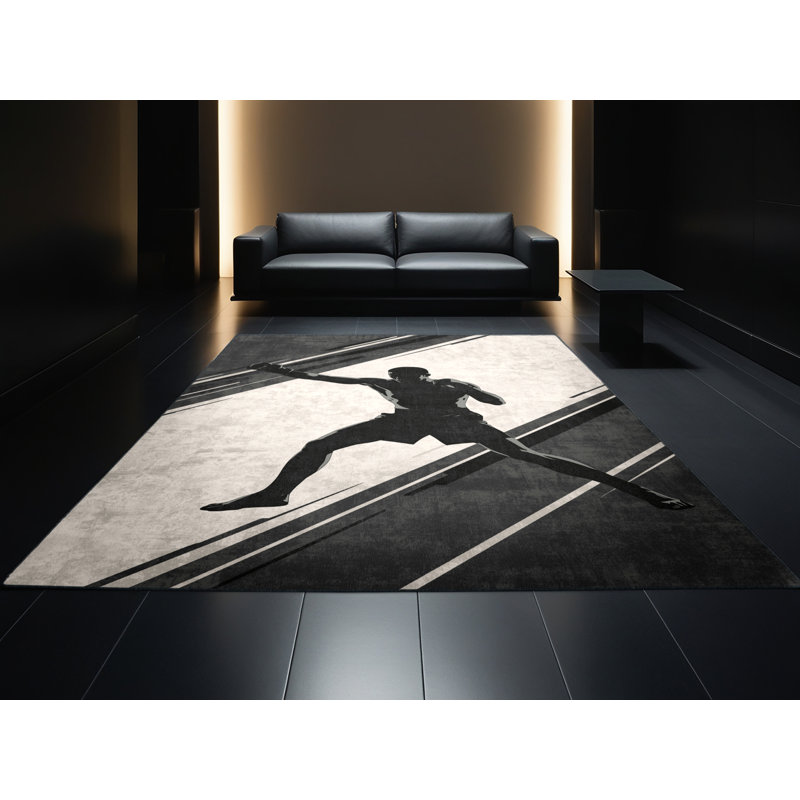 Machine Washable Hubbard Muay Thai Fighter Pose Modern Geometric Rug in Beige – Black Binding, 8x12