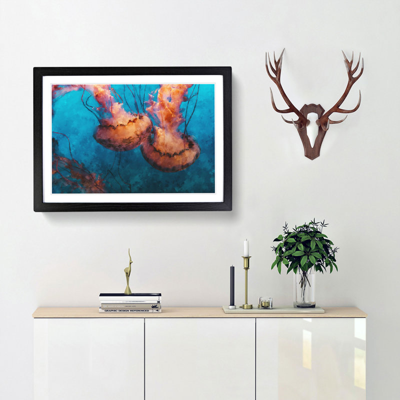 Pink Jellyfish - Picture Frame Painting Print, 62cm H x 87cm W x 2cm D, Black Framed