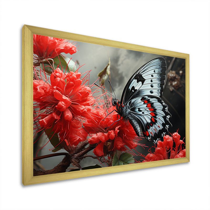 «Red Grey Butterfly Haven II», art mural papillon, H 16 po x l 32 po x P 1 po, Cadre doré simple