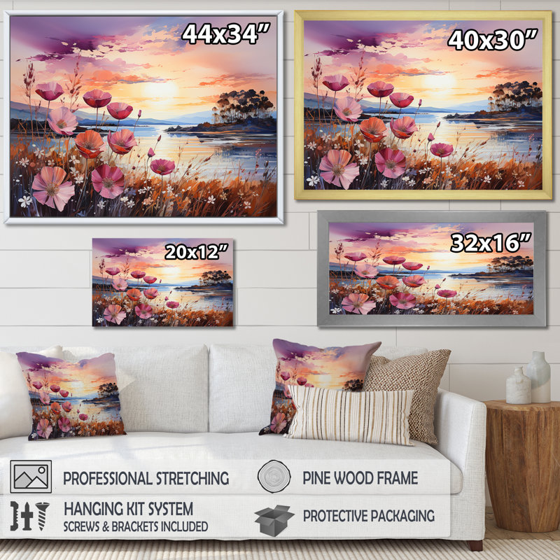 Wildflowers Sunset sur toile, Cadre flottant doré, H 12 po x l 20 po x P 1 po