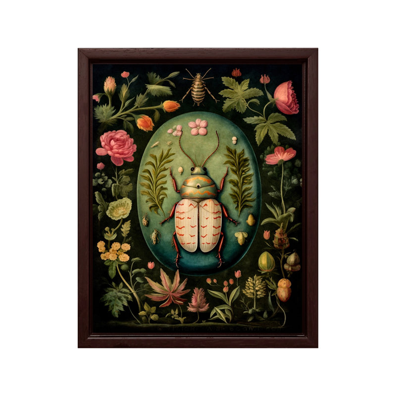 Flowers and Beetle No2, Canvas, 11"H x 14"W, Brown Framed