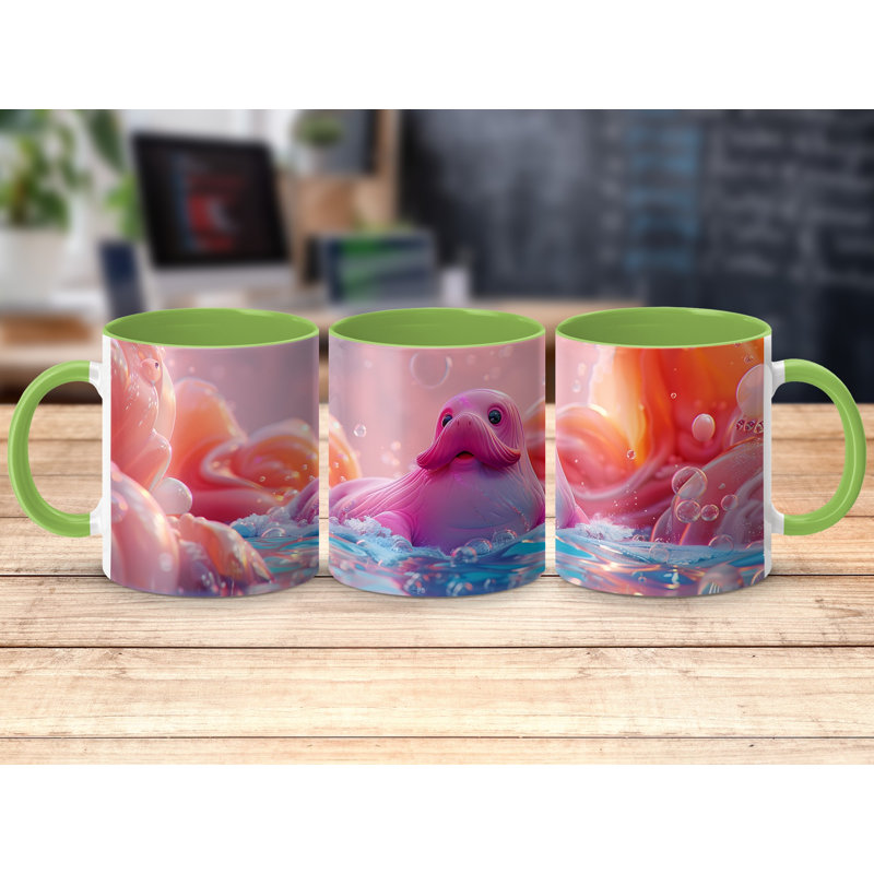 Set of 3 3D Design 11oz Accent Mugs – Ceramic Coffee Cups with a Light Green Handle and Interior