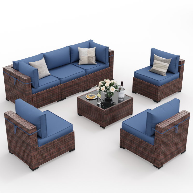 Ensemble de conversation modulaire en rotin 7 pièces avec coussins 7 pièces, Marine