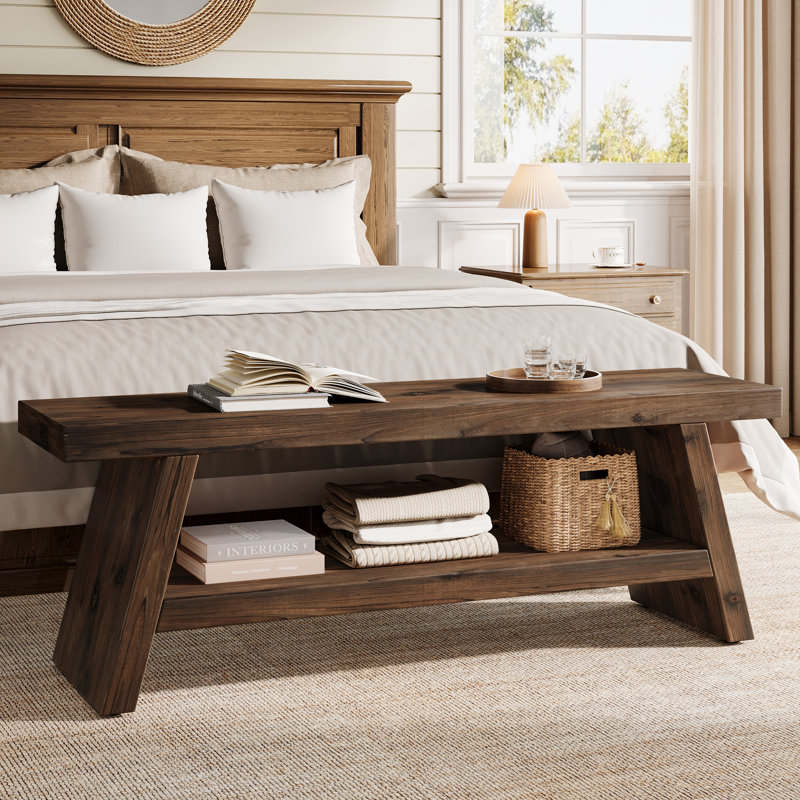 Banc d'entrée en bois massif à 2 niveaux, banc de chaussures pour l'intérieur, Brun rustique