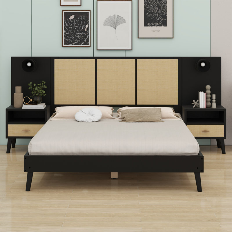 Structure de lit en bois avec 2 tables de chevet et design élégant avec lampes, Noir
