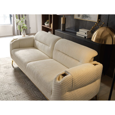 Ensemble de salon 2 pièces crème avec chenille douce, pieds dorés et cadre en bois à dossier 2 pièces, accents, revêtement