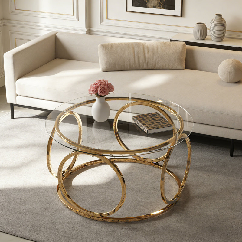 Table basse ronde moderne avec cadre circulaire doré et verre trempé transparent, Plateau transparent / base dorée
