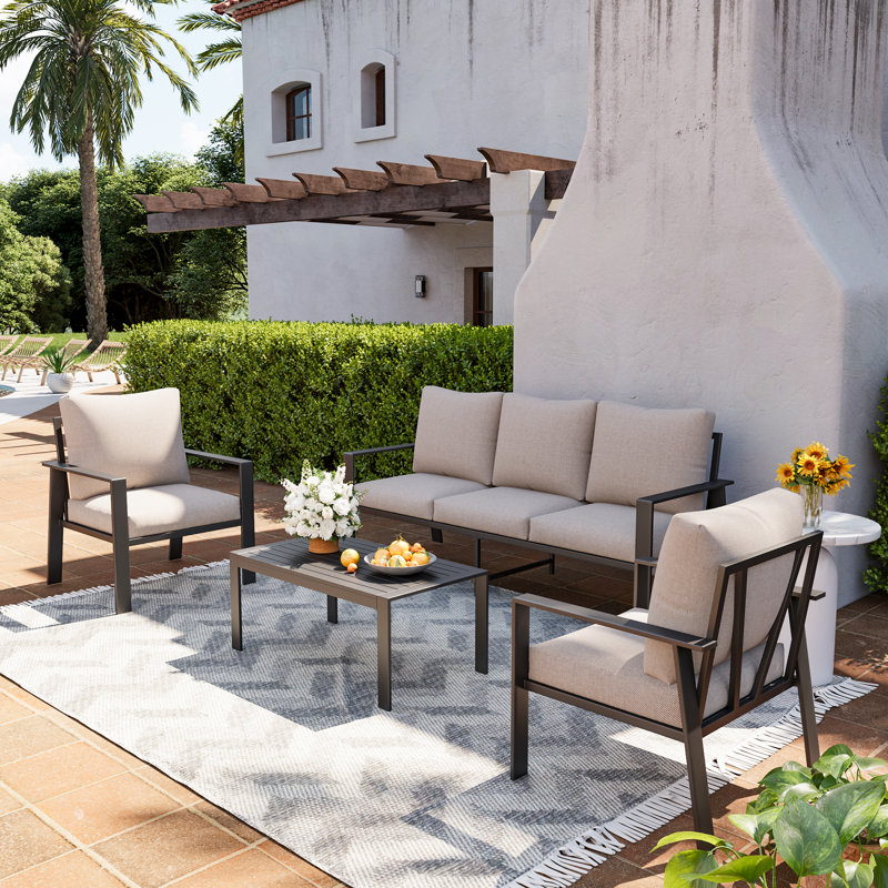 Aluminum Outdoor Conversation Set 5-Person Patio Set with Coffee Table, Beige, No