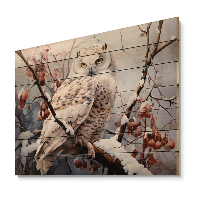Hibou des neiges hiver III sur bois, H 30 po x l 40 po x P 0,78 po