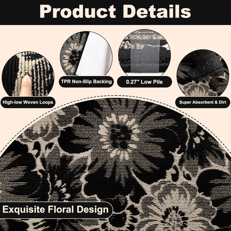 Paillasson antidérapant à motif floral lavable, L 24 po x L 36 po, Black/Beige