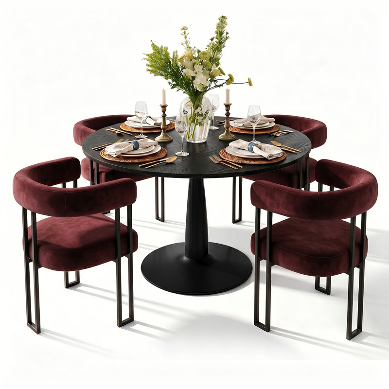 4 - Person Dining Table Sets With Round Table & 4 Upholstered Velvet Chairs, Burgundy
