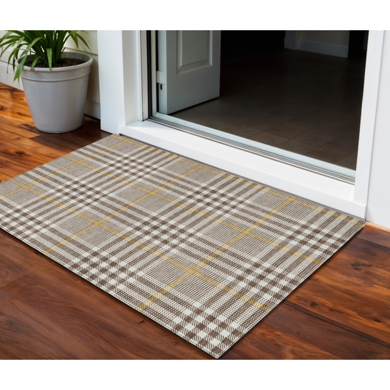 3' X 5' Brown And Beige Plaid Washable Indoor Outdoor Area Rug
