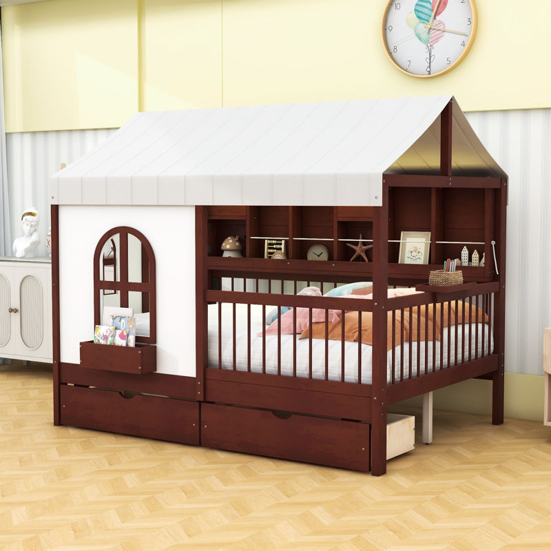 Full Size Wooden House-Shaped Bed With Charging Board, Shelf, Drawers And LED Strip, Espresso
