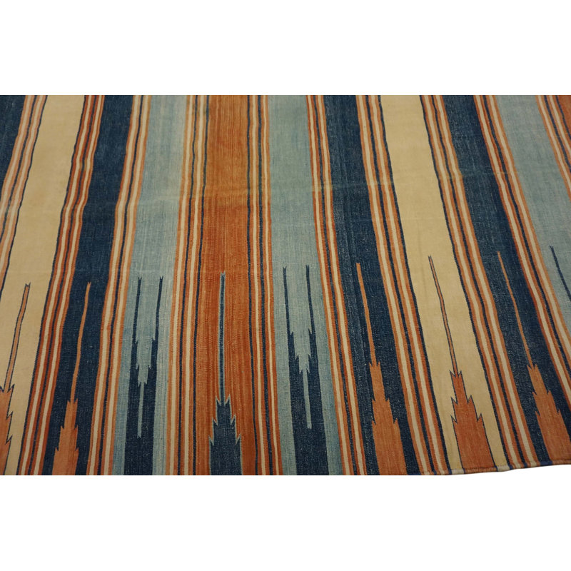 Geometric Stripes Antique Indian Long Oversized Cotton Dhurrie Flat Weave Carpet