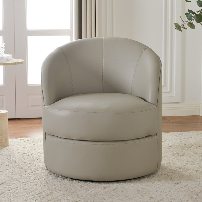 29.1'' W Top-Grain Genuine Leather Upholstered Swivel Barrel Chair, Ivory