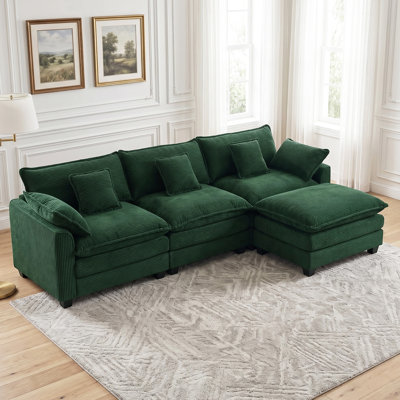 110" Wide Corduroy Upholstered Modular Sectional Sofa with Movable Ottoman and Deep Seats