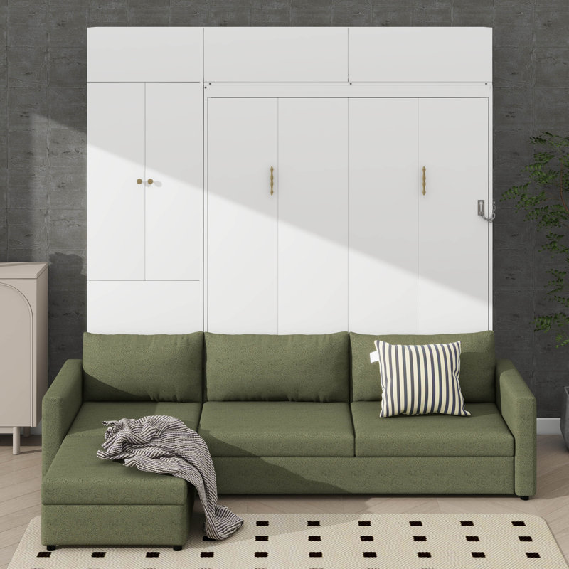 Grand lit escamotable mural avec canapé et tablettes, Vert