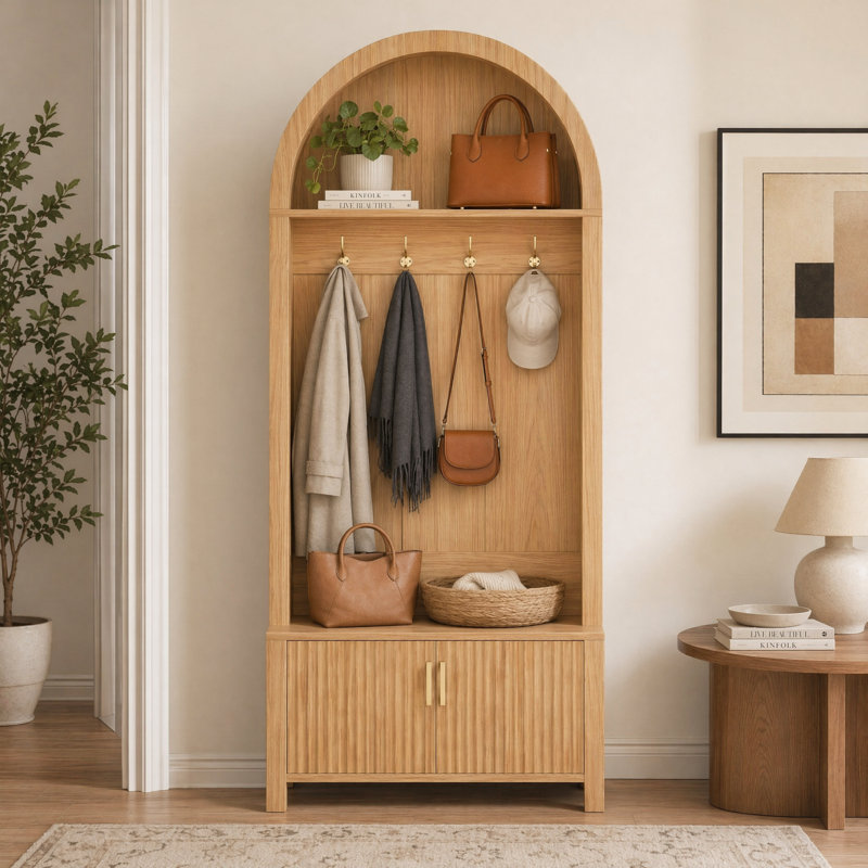 Farmhouse Arched Hall Tree with Bench, Storage Cabinet, 4 Metal Hooks & 2 Fluted Doors, Natural
