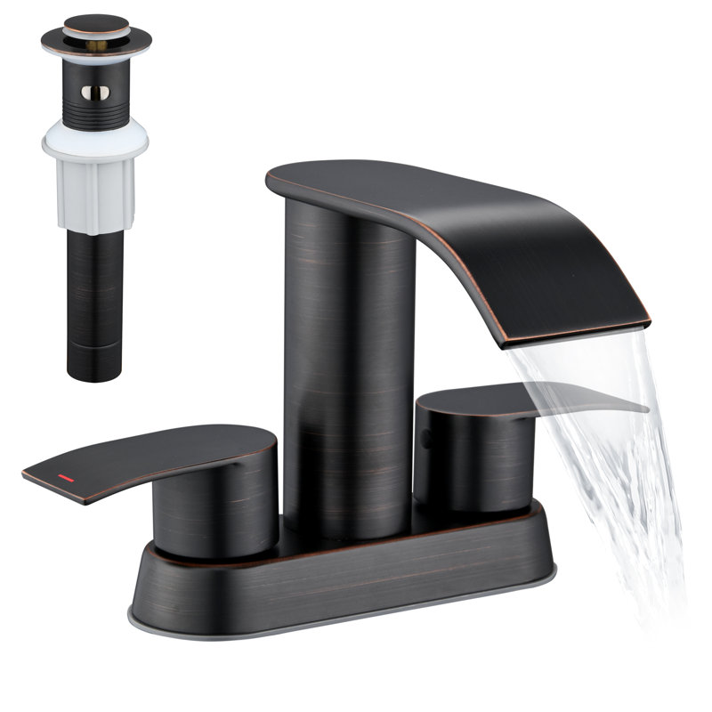 4" Centerset Double Handle Waterfall Bathroom Sink Faucet with Pop Up Drain, Oil Rubbed Bronze