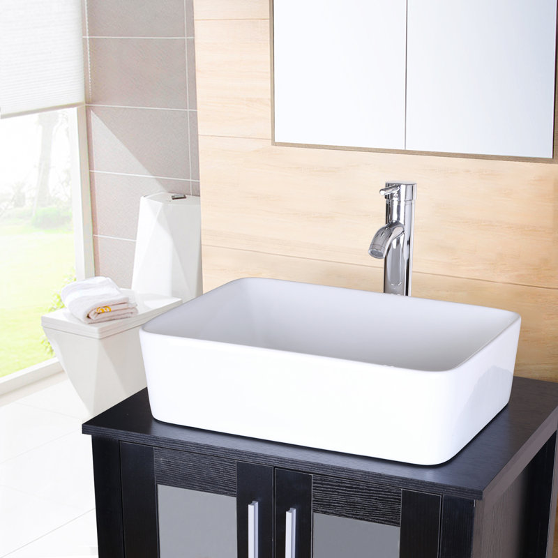 18"x15" White Ceramic Rectangular Vessel Bathroom Sink with Chrome Faucet