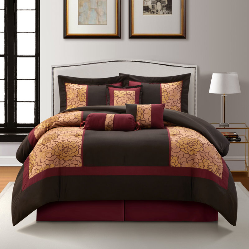 Ensemble d'édredon jacquard 7 pièces Sibyl, Grand édredon et 6 pièces supplémentaires, Rouge/brun/or