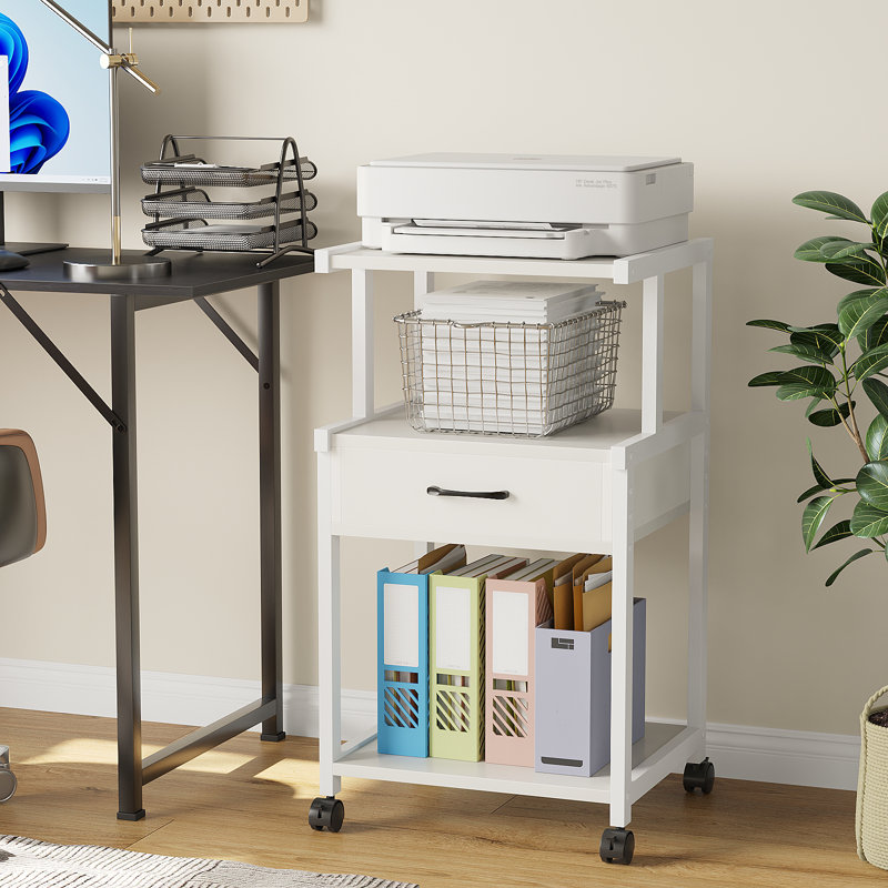 3 Tier Printer Stand with Storage Drawer Rolling Printer Table with Wheels Home Office,Retro, White