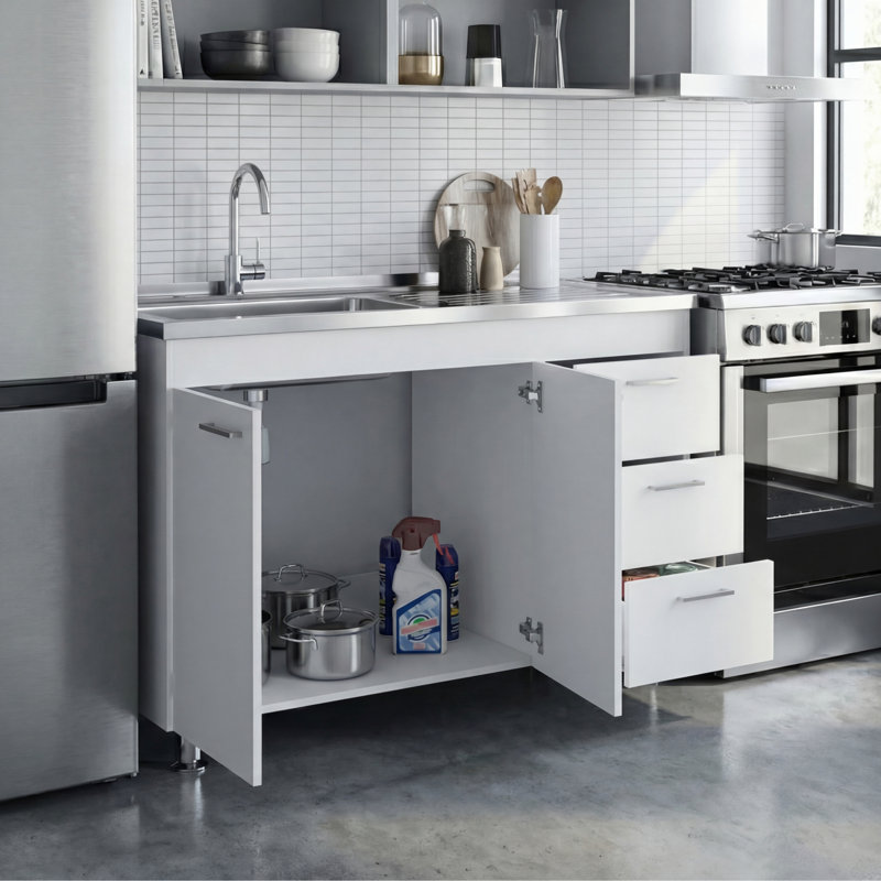 Ferretti Utility Sink Base Cabinet with Three Drawers and Two Doors for Interior Storage, White