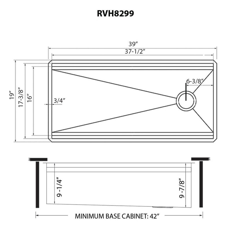 39" L x 19" W Undermount Kitchen Sink, 19" L x 39" W