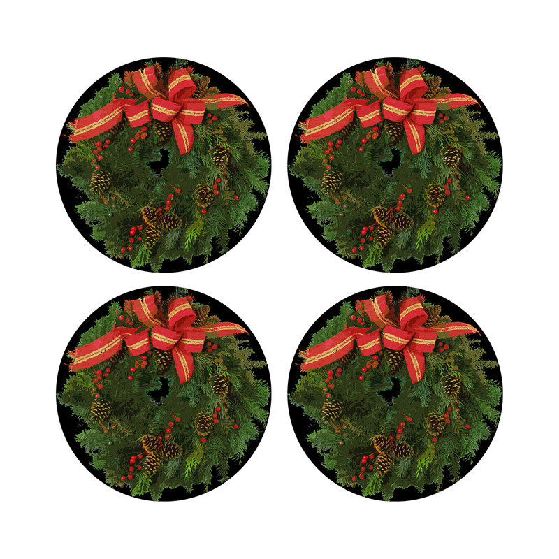 Christmas Wreath Tartan Green Vegan Leather Round Coasters, Black