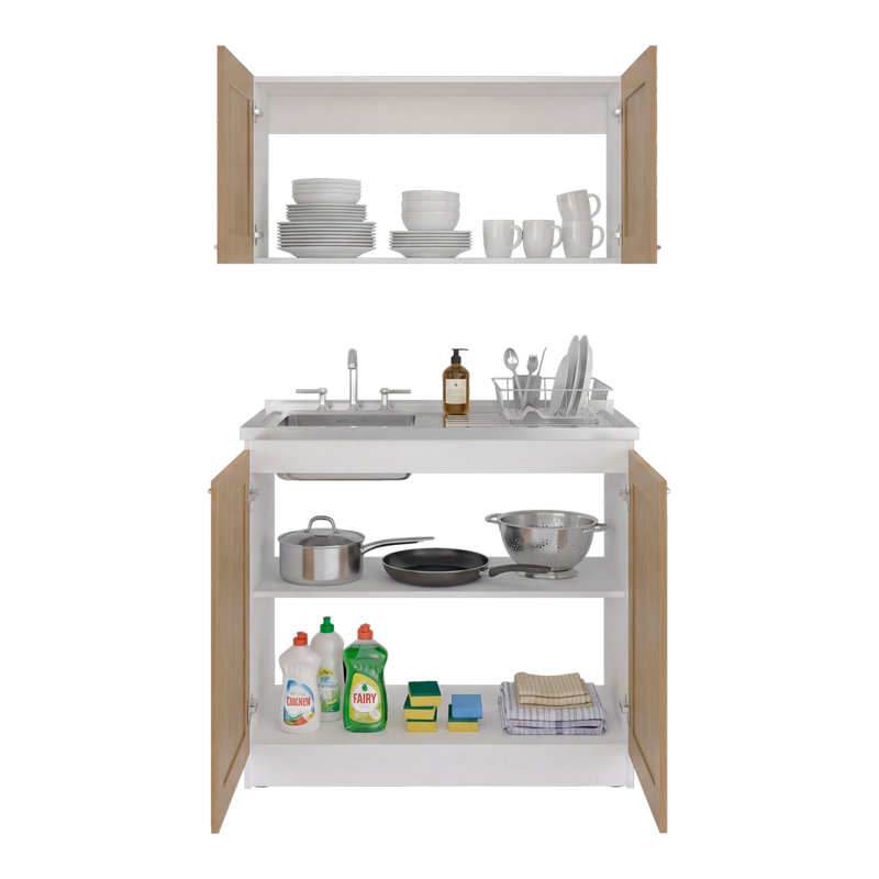 Ensemble de meubles de cuisine Ashura 39,3 po L en bois fabriqué, comprenant un meuble sous-évier et un meuble haut.