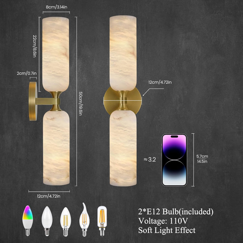 2 - Light Dimmable Brass Alabaster Wall Sconce With Marble Shade