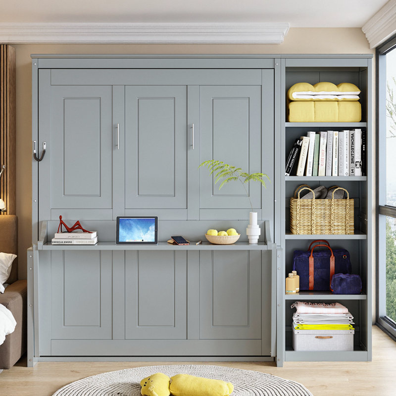 Lit escamotable double avec bureau et bibliothèque, gris, Gris