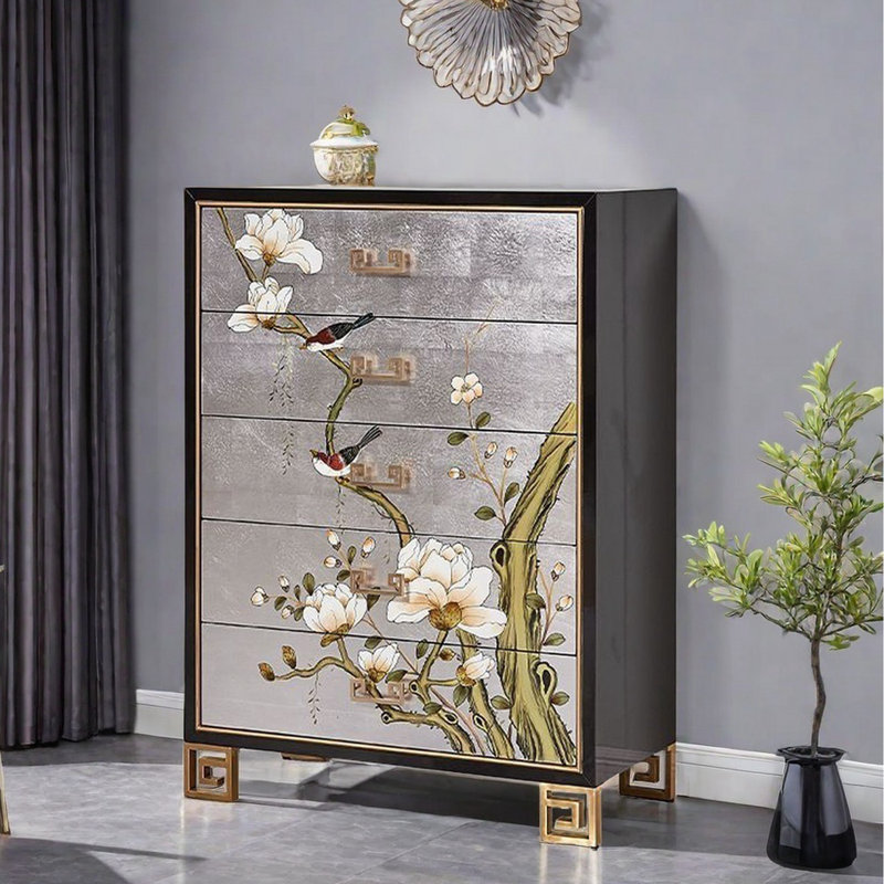 Painted Five-Drawer Silver Foil Accent Cabinet