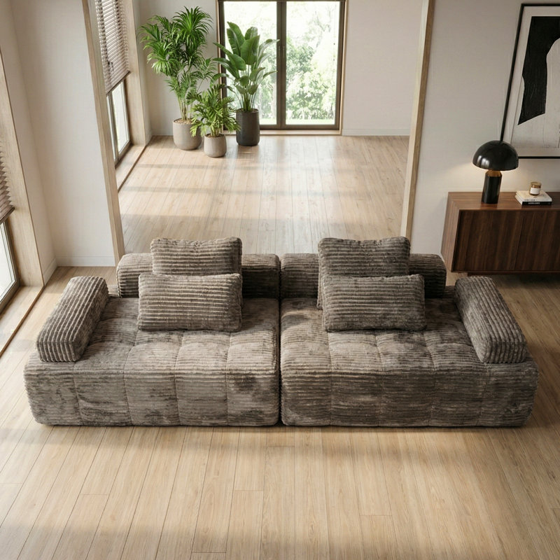 109"Modular Sectional Cloud Sofa ,Modern Minimalist Corduroy Upholstery Khaki Couch, Deep Seat Sofas Compression Couches - No Assembly Required for Living Room