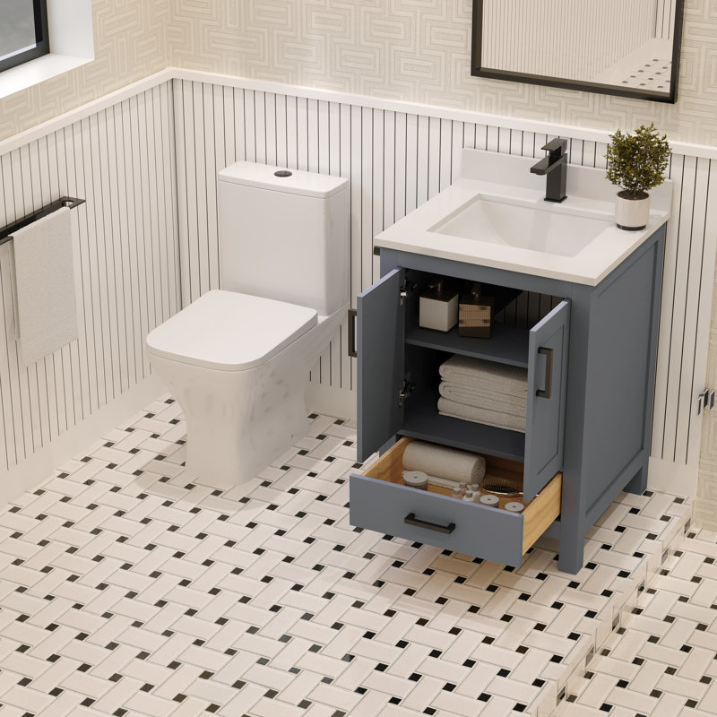 Charcoal Grey 24'' Single Bathroom Vanity with White Quartz Top