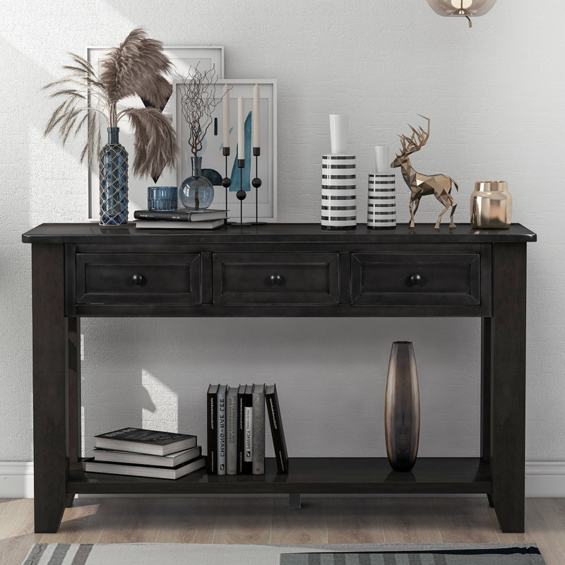 Canapé console 55 po pour salon avec 3 tiroirs et 1 tablette, Noir