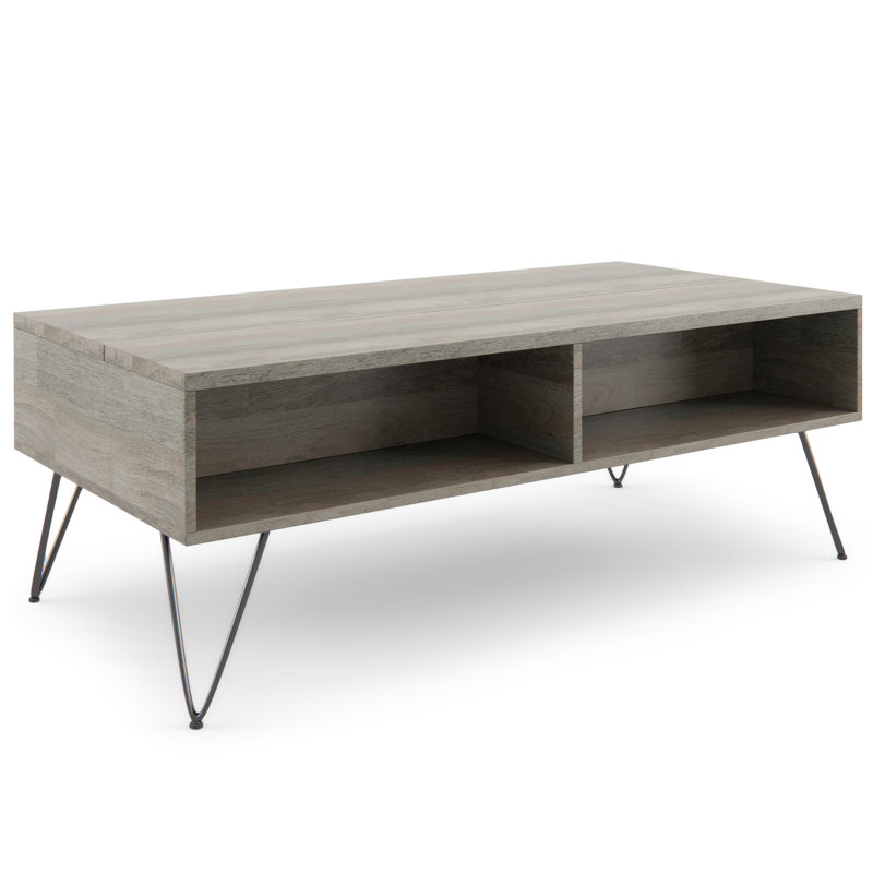 Hunter Solid Wood and Metal Industrial Small Lift Top Coffee Table with Hidden Storage, 2 Cubbies and Hairpin Legs