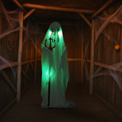 Fantôme d'Halloween 4,3 pi activé par le son avec Trident, lumières DEL vertes et sons effrayants, décoration de maison hantée alimentée par batterie pour la décoration de cour intérieure et extérieure