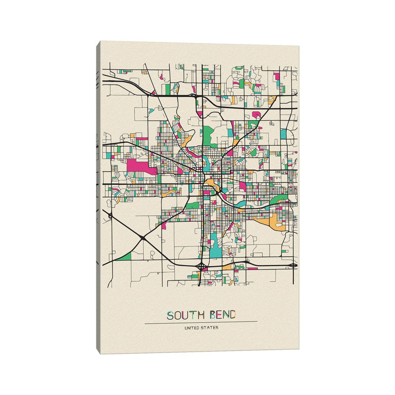«South Bend, Indiana Map» par Ayse Deniz Akerman - impression sur toile tendue, H 60 po x l 40po x P 1,5 po